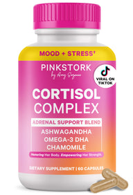 Cortisol Support Supplement for Women - Pink Stork Cortisol Complex bottle with capsules on white background.