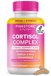 Cortisol Support Supplement for Women - Pink Stork Cortisol Complex bottle with capsules on white background.