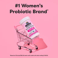 #1 Women's Probiotic Brand* in pink shopping cart featuring Garden of Life probiotics for fertility supplement.