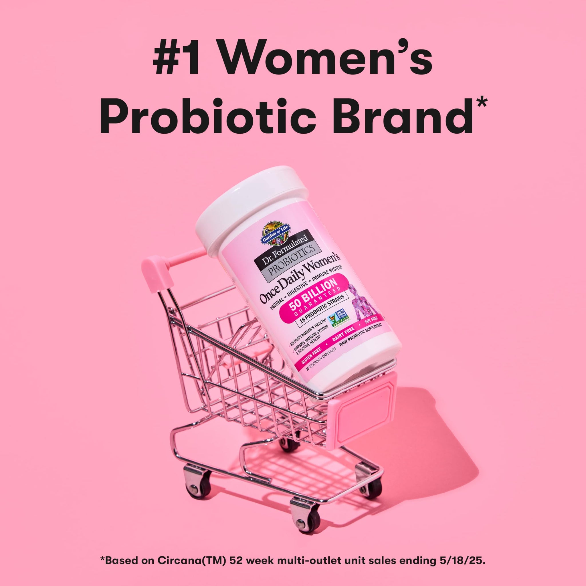 #1 Women's Probiotic Brand* in pink shopping cart featuring Garden of Life probiotics for fertility supplement.
