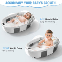 TOSGN collapsible baby bathtub showcasing 0-12 month lying down bathing and 12-36 month sit up bathing.
