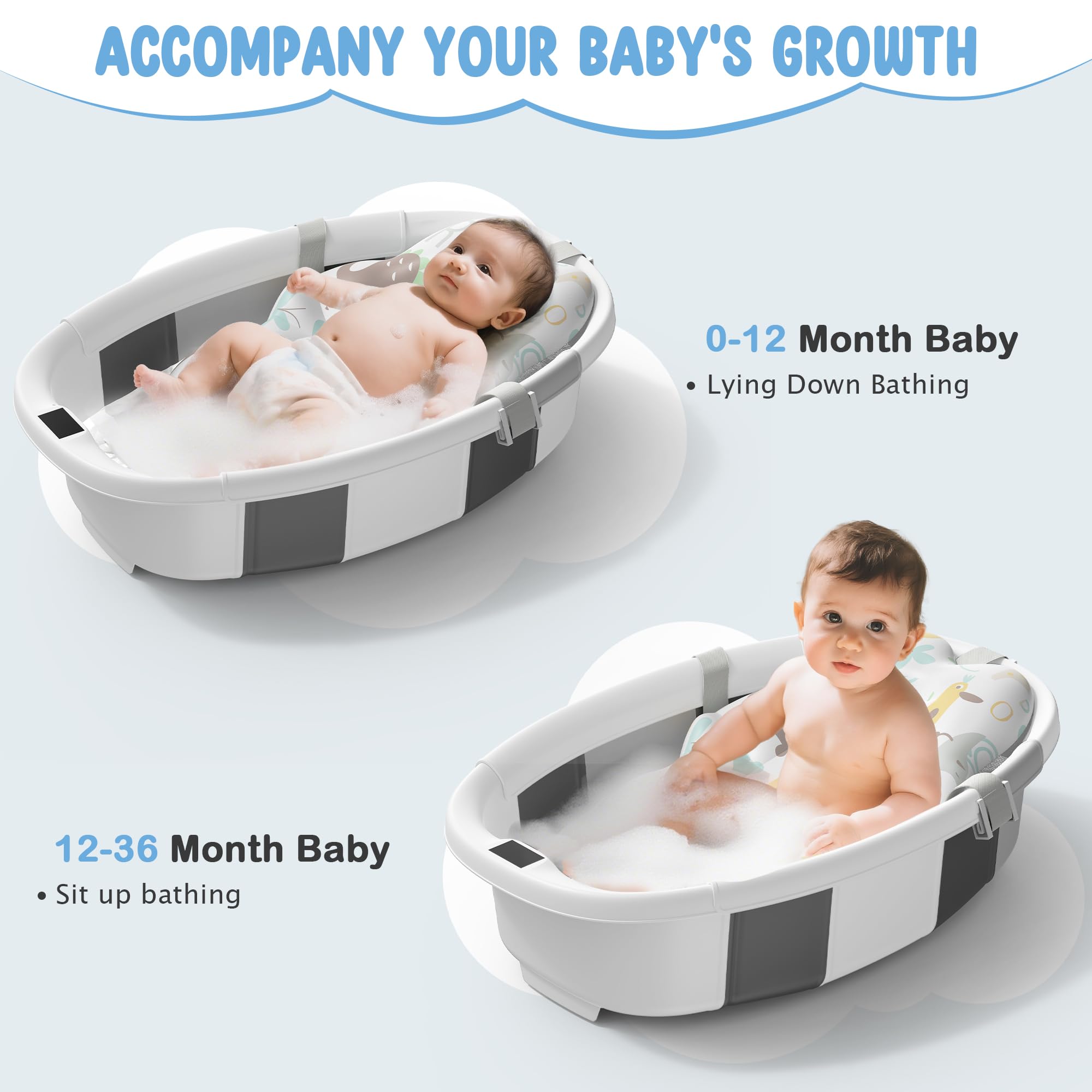 TOSGN collapsible baby bathtub showcasing 0-12 month lying down bathing and 12-36 month sit up bathing.