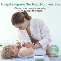 Baby nasal aspirator used by a caregiver, demonstrating hospital-grade suction for clearing nasal congestion safely.