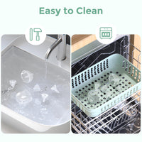Baby nasal aspirator parts soaking in water and in a dishwasher, illustrating easy to clean feature.