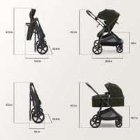 Convertible bassinet stroller dimensions showcasing various angles and measurements for easy reference.