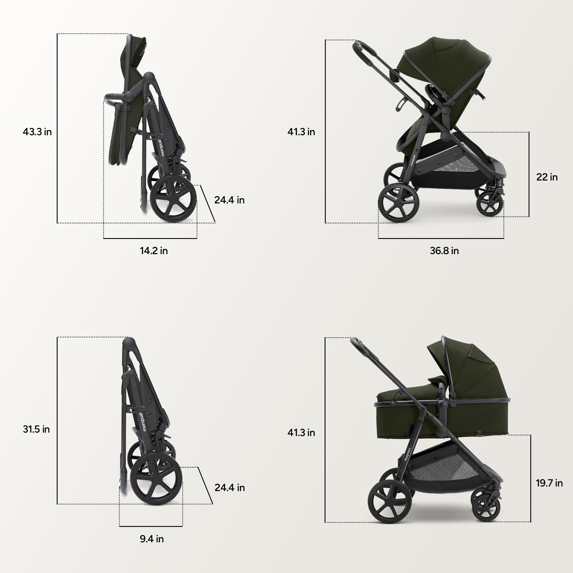Convertible bassinet stroller dimensions showcasing various angles and measurements for easy reference.
