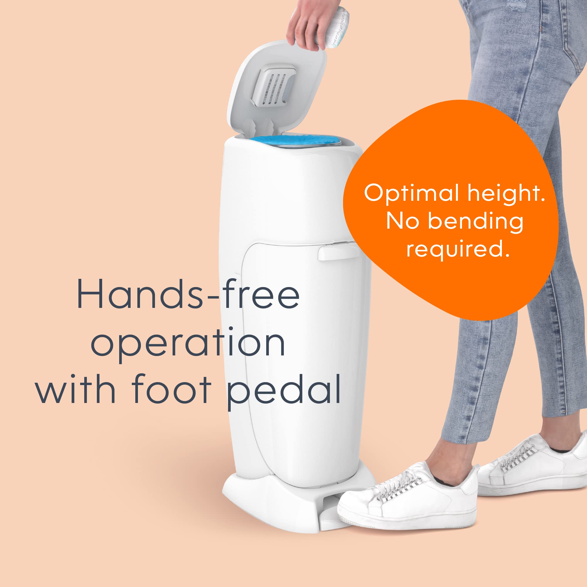 Diaper pail with hands-free foot pedal operation for easy diaper disposal, ideal for maintaining a clean nursery.