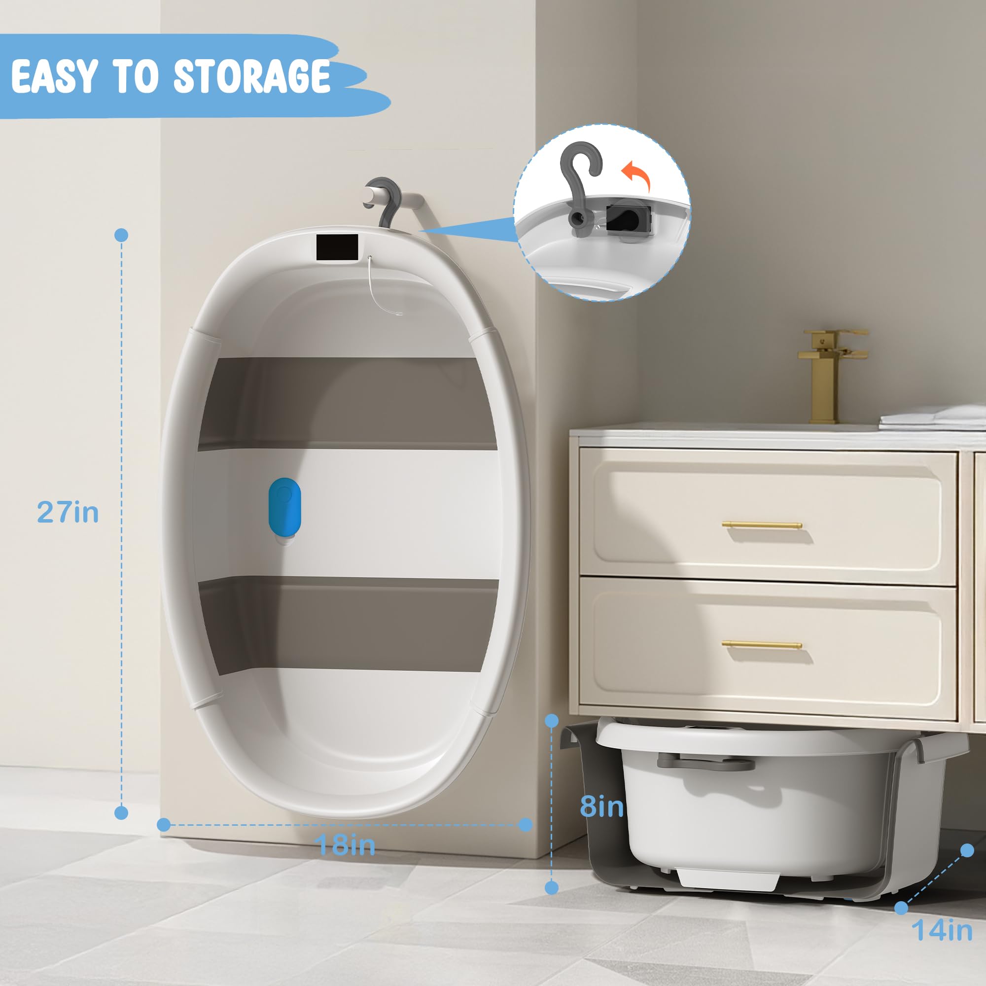 Collapsible baby bathtub shown against a wall with measurements for easy storage and space-saving design.