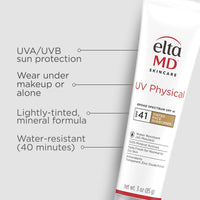 EltaMD UV Physical SPF 41 features: UVA/UVB protection, wear under makeup or alone, lightly tinted mineral formula, water-resistant 40 minutes