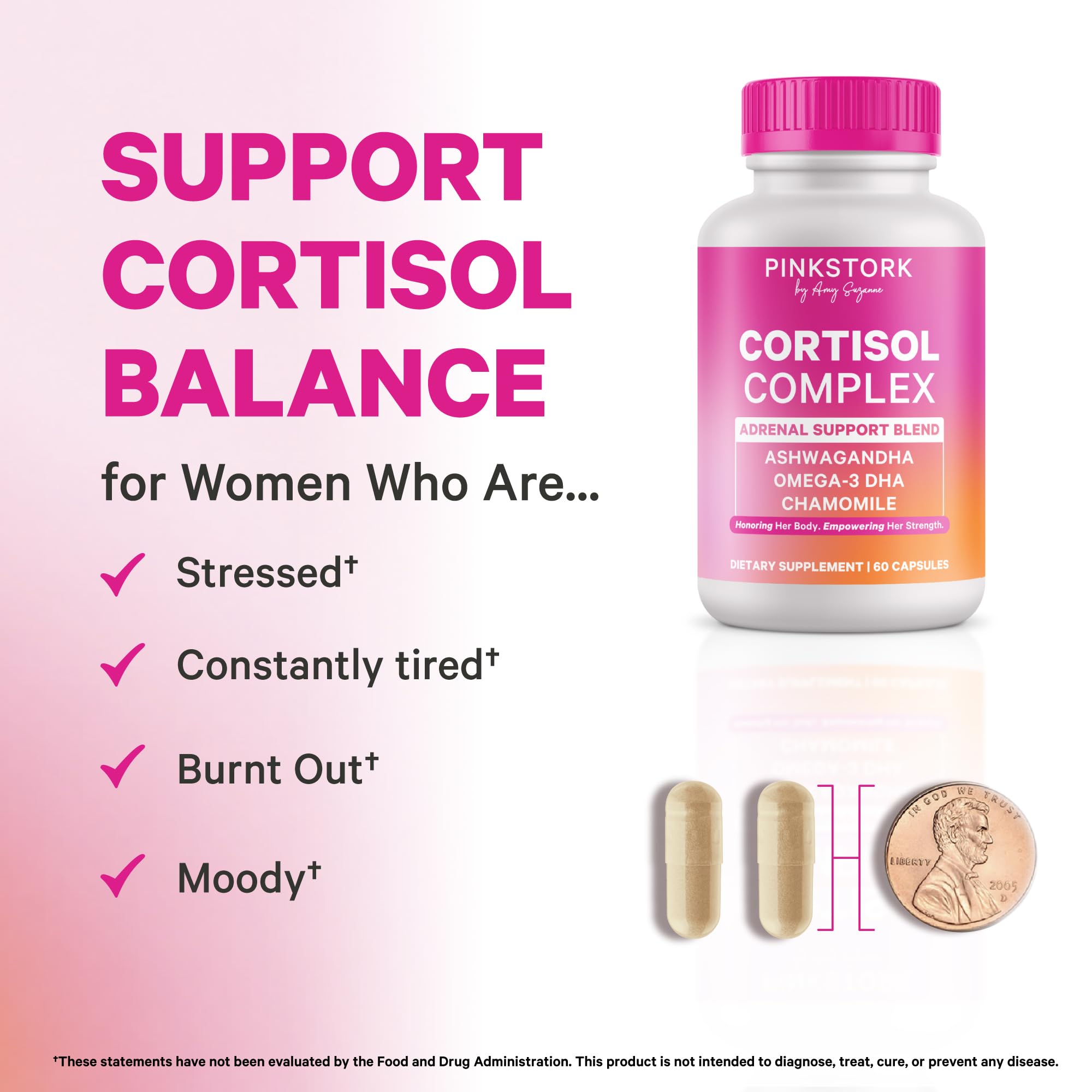 Cortisol Support Supplement for Women - Pink Stork Cortisol Complex product image with capsules and health benefits.