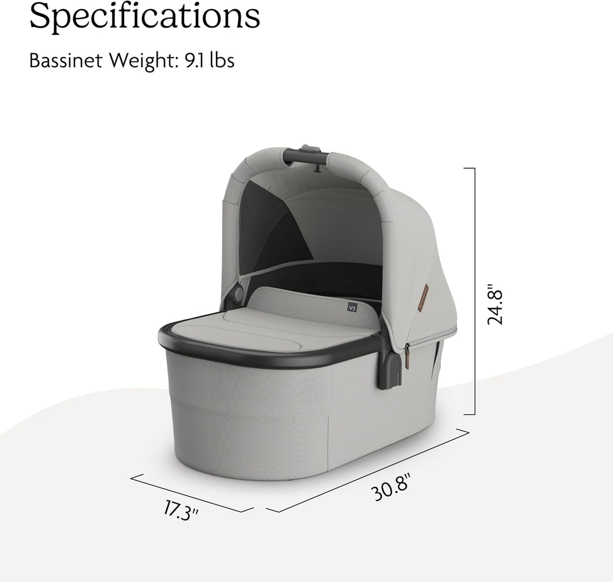UPPAbaby Bassinet V3 specifications: 30.8 inches long, 17.3 wide and 24.8 high, weighing 9.1 lbs