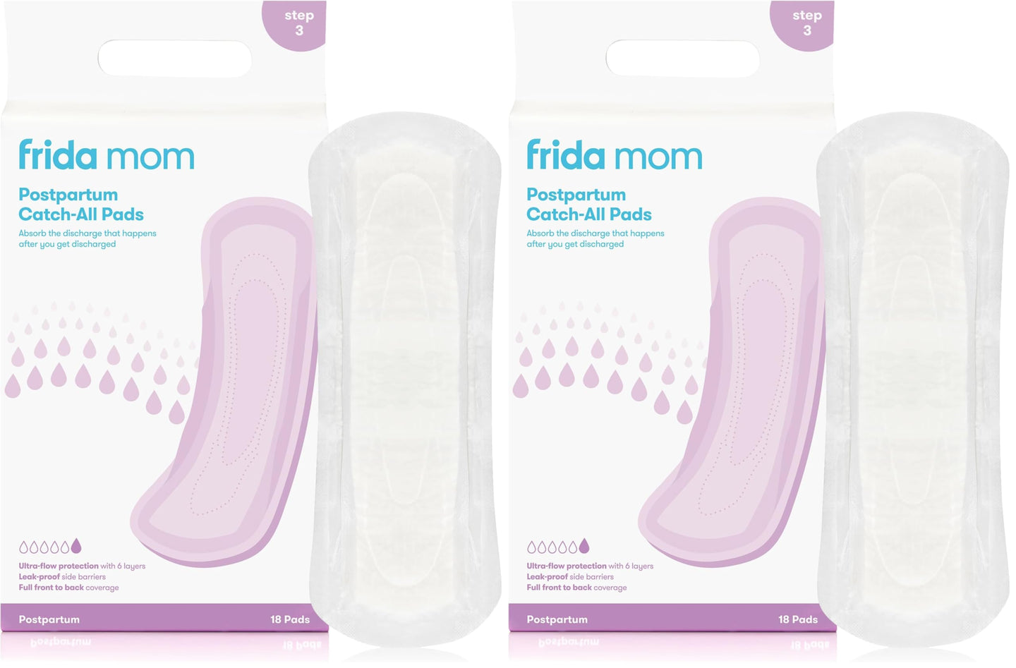 Frida Mom postpartum pads in packaging, designed for heavy absorbency and leak-proof protection during recovery.