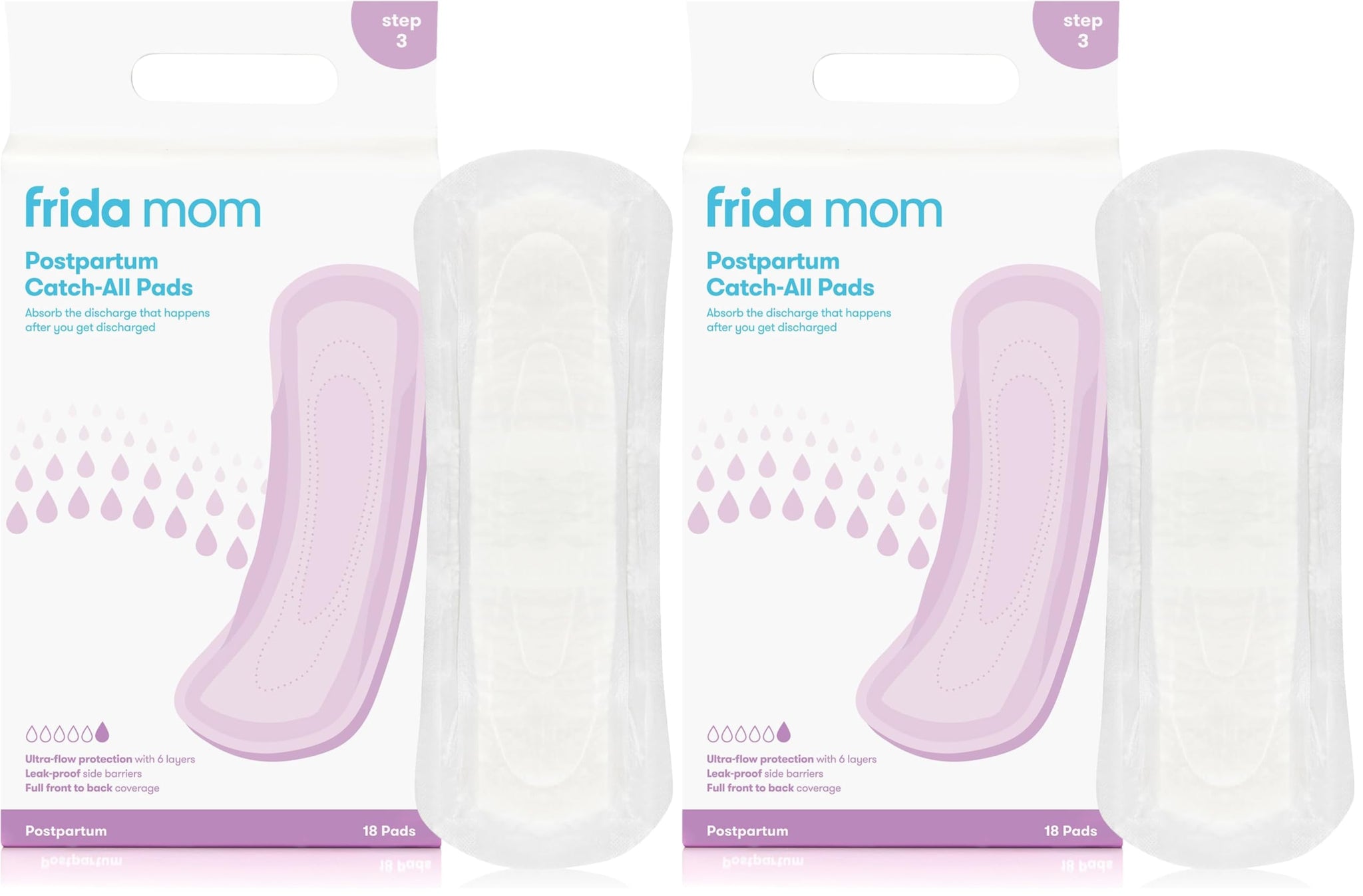 Frida Mom postpartum pads in packaging, designed for heavy absorbency and leak-proof protection during recovery.