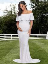 Glampunch off-shoulder ruffle gown, perfect maternity photoshoot dress showcasing elegant style and beautiful silhouette.