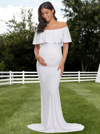 Glampunch off-shoulder ruffle gown, perfect maternity photoshoot dress showcasing elegant style and beautiful silhouette.