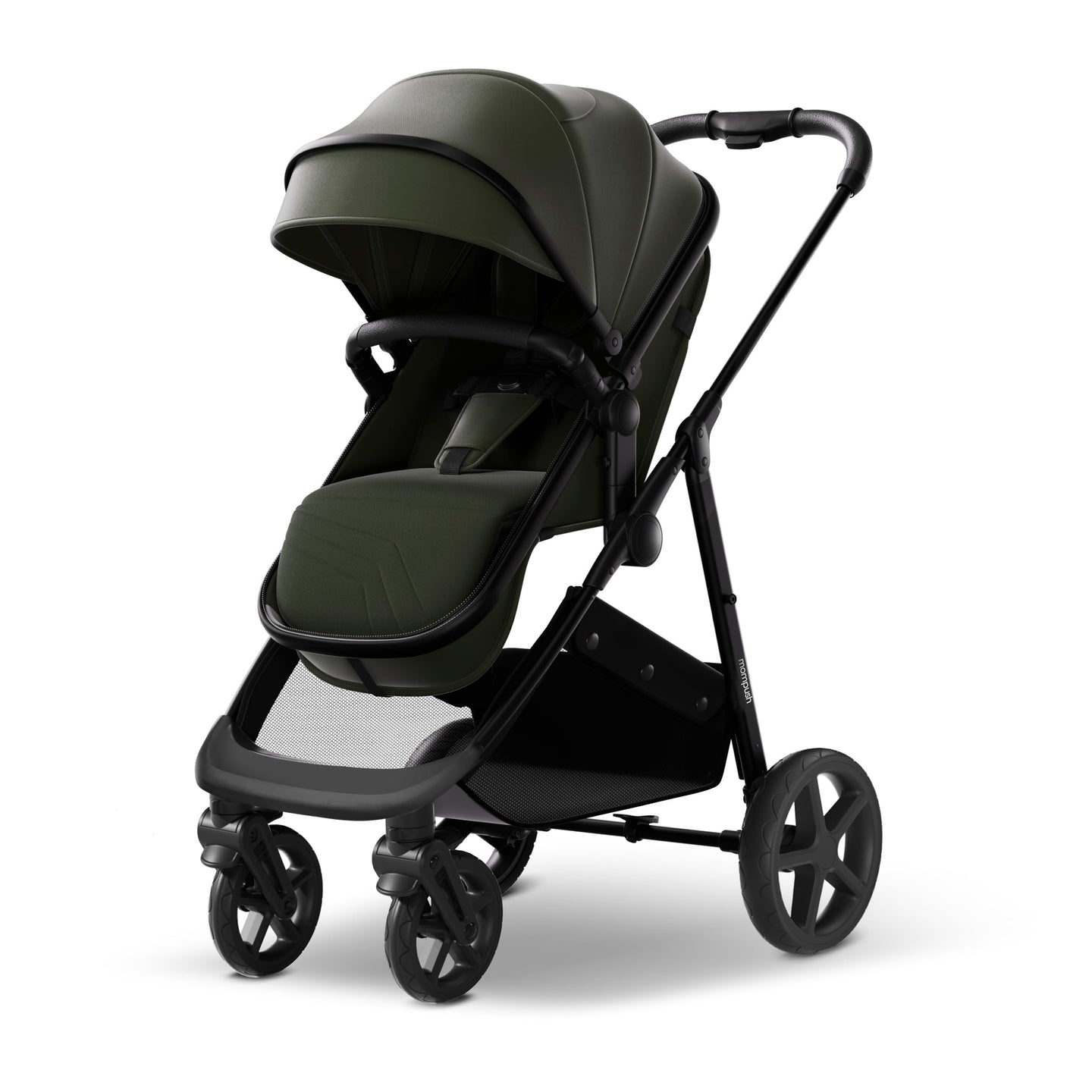 Convertible bassinet stroller in stylish green design, perfect for newborns and growing babies.