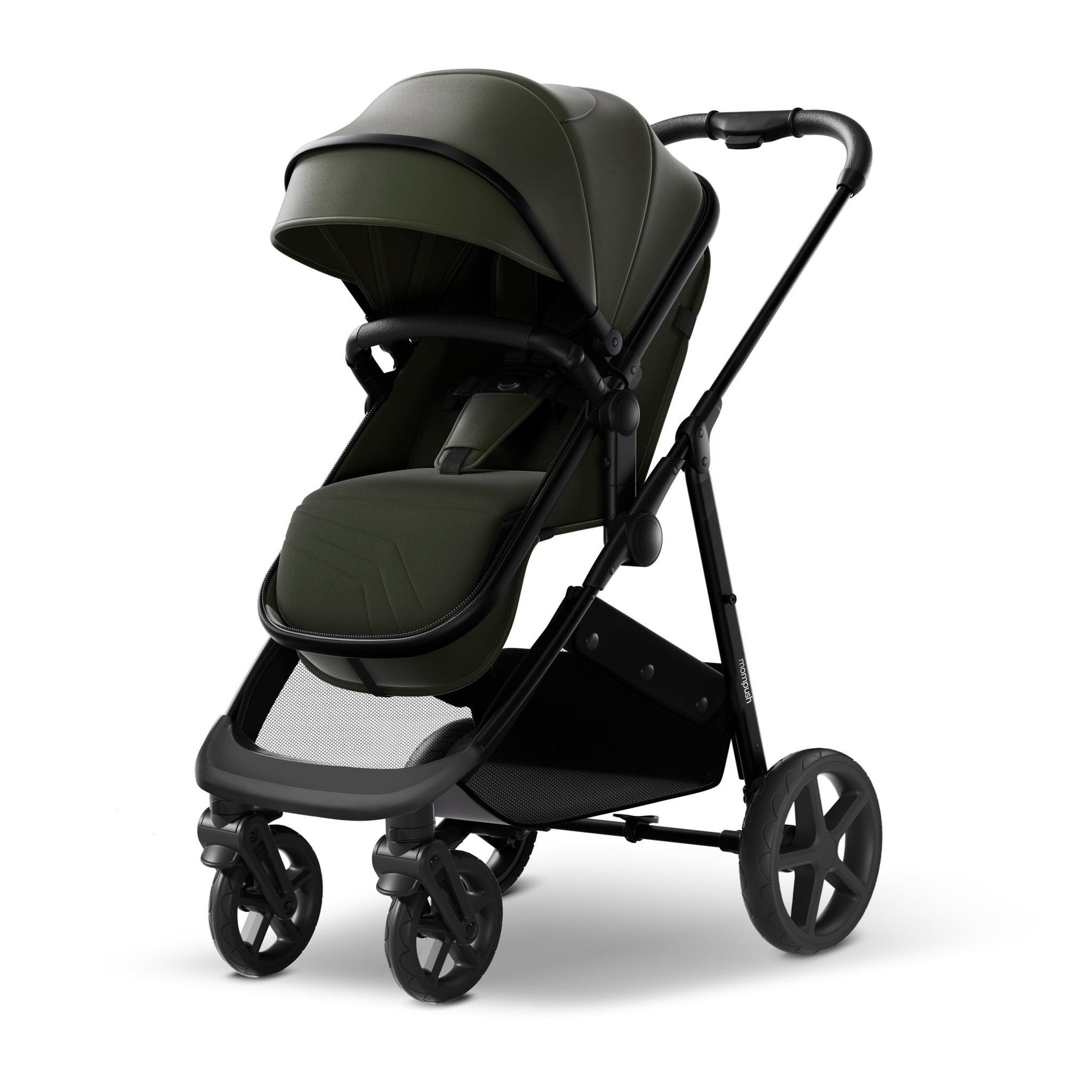 Convertible bassinet stroller in stylish green design, perfect for newborns and growing babies.