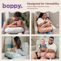 Four panels of parents feeding babies in different holds and positions with Boppy pillows in various prints.