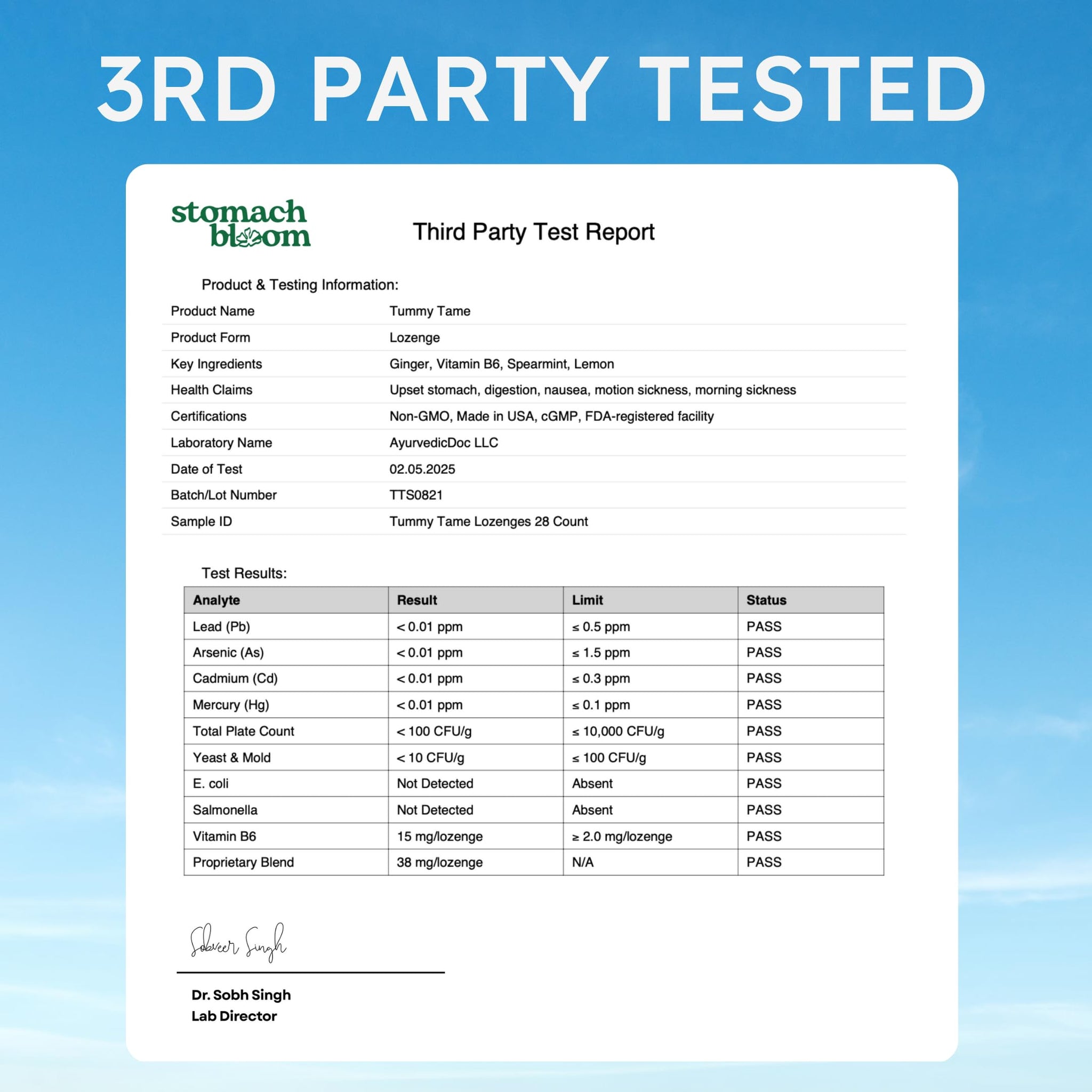 Third party test report for Ginger Drops for Pregnancy Nausea by Stomach Bloom, confirming quality and safety.