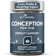 Eu Natural Conception for Him male fertility supplement bottle, 60 vegetarian capsules for count, motility and morphology support