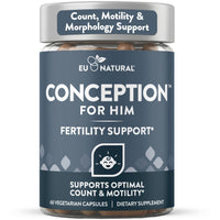 Eu Natural Conception for Him male fertility supplement bottle, 60 vegetarian capsules for count, motility and morphology support