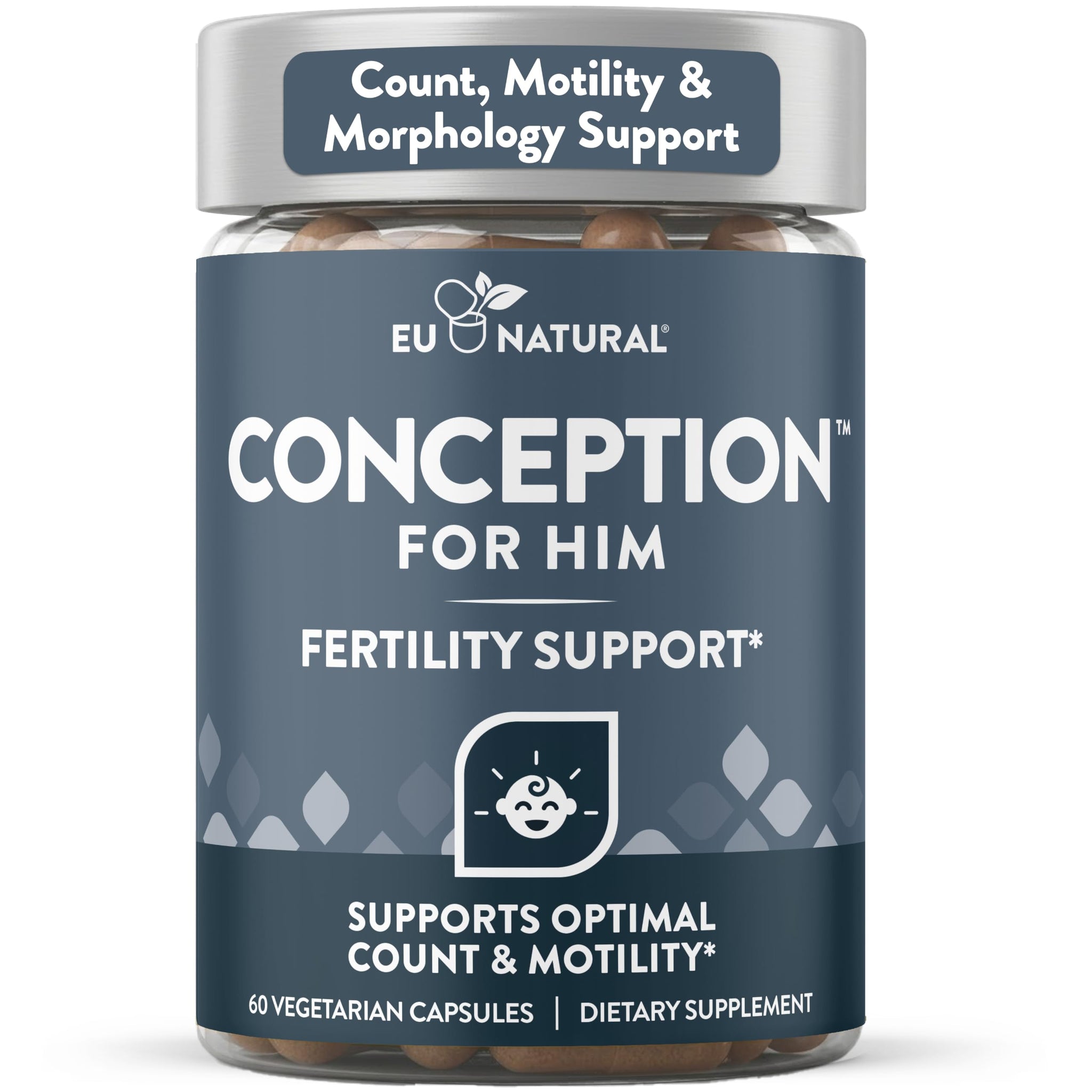 Eu Natural Conception for Him male fertility supplement bottle, 60 vegetarian capsules for count, motility and morphology support