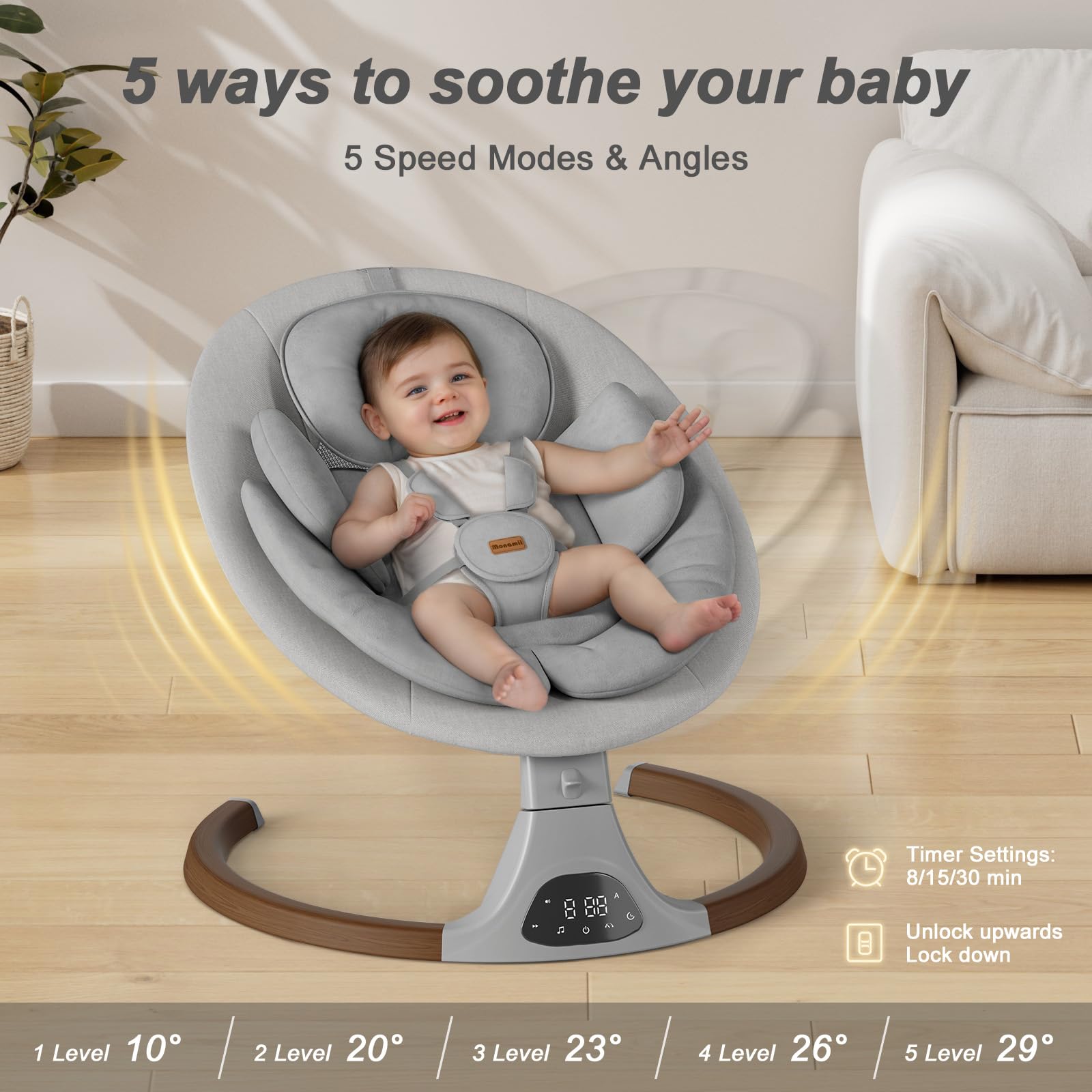 Baby swing for infants with 5 speed modes and angles, designed for soothing babies comfortably.