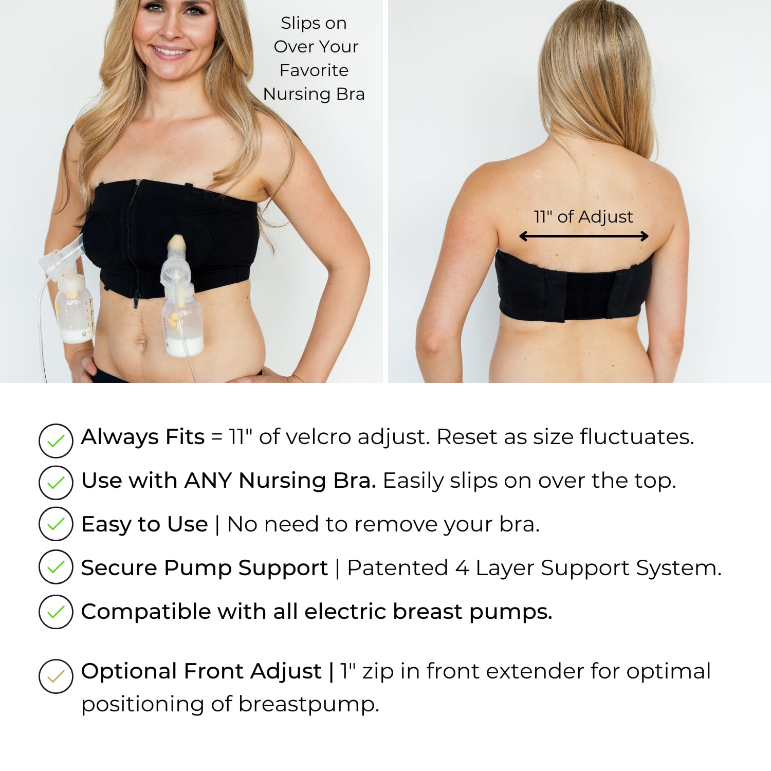 Hands-Free Pumping Bra by Simple Wishes shown on model with zip front for easy adjustment and secure pump support.