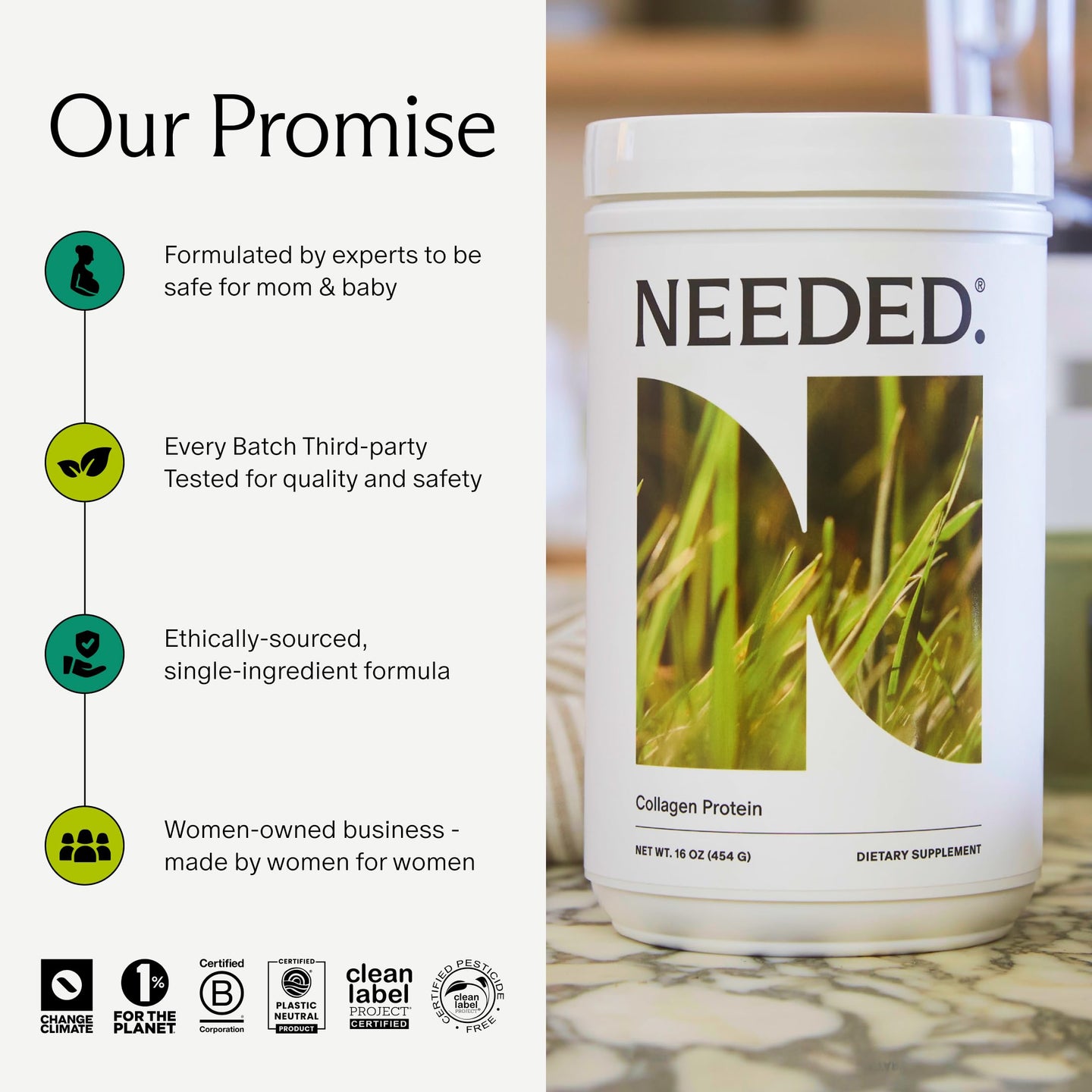 Collagen protein powder for pregnancy by Needed, formulated for safety and quality during motherhood.