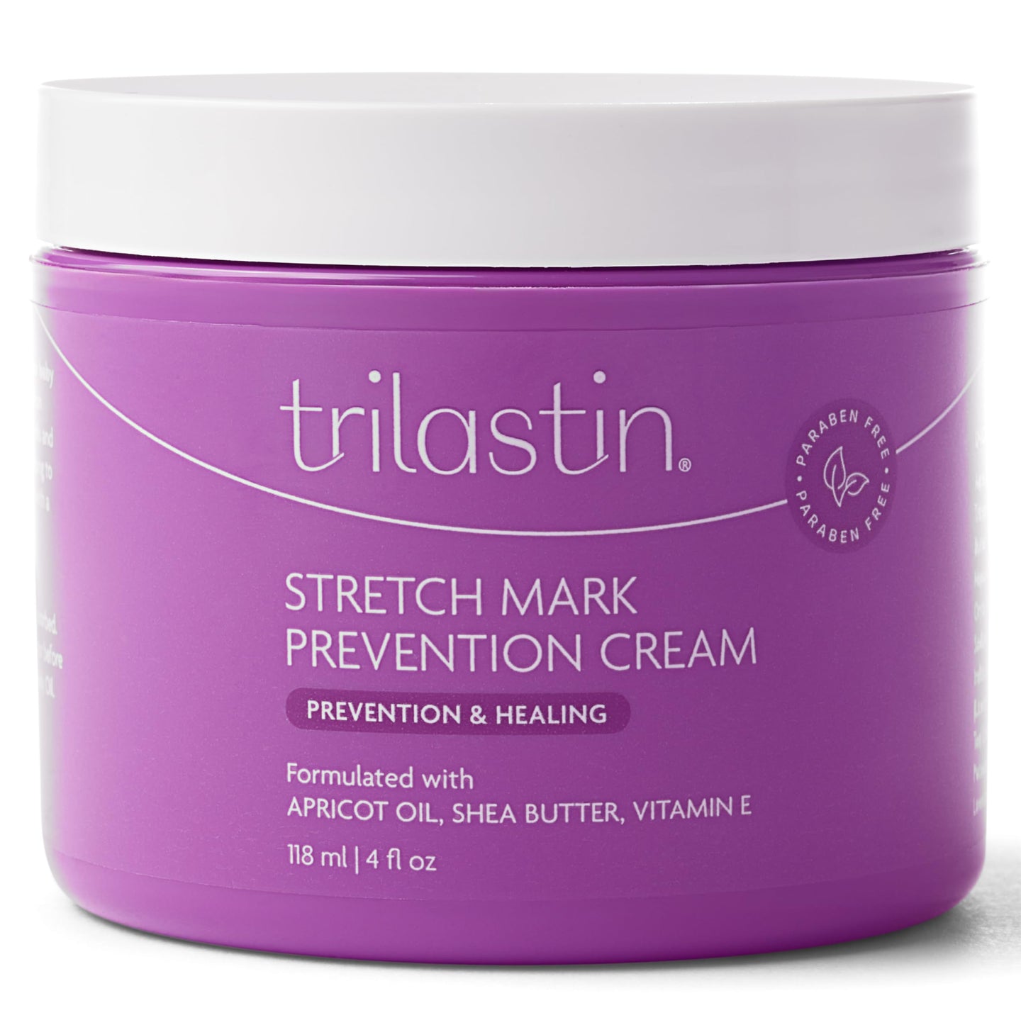 TriLASTIN stretch mark cream for pregnancy in a 4 oz purple jar, labelled with apricot oil, shea butter and vitamin E