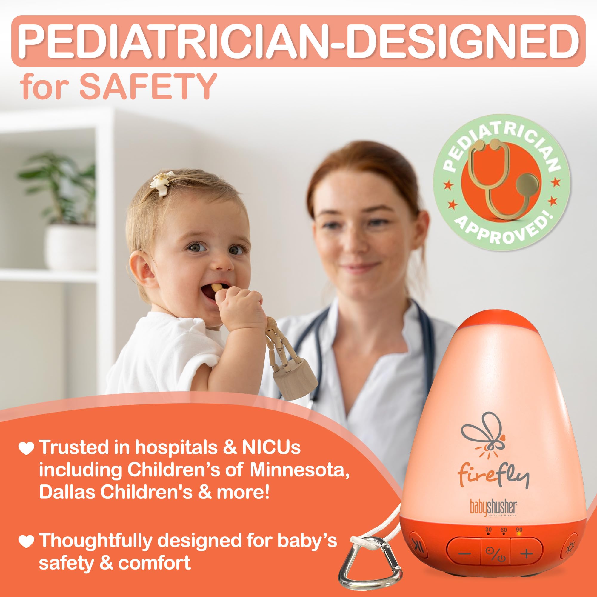 Pediatrician-designed Firefly baby white noise machine with night light for safety, trusted in hospitals for baby comfort.