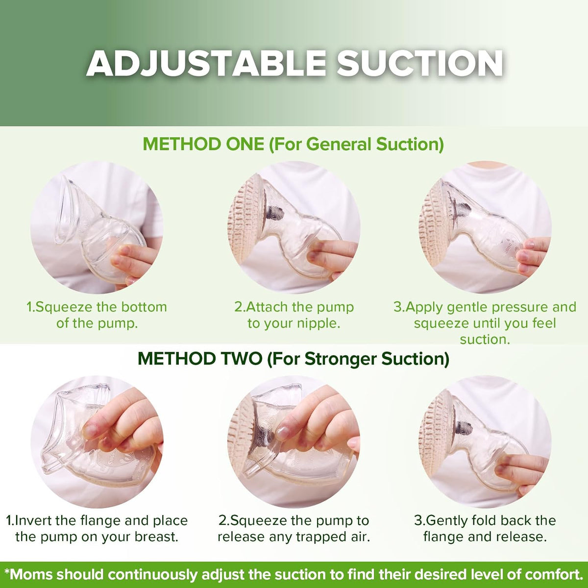 Haakaa instructions for two ways to set the suction: squeeze first, or invert the flange for stronger suction