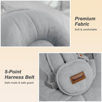 Closeup of baby swing for infants showcasing premium fabric and 5-point harness belt for safety and comfort.