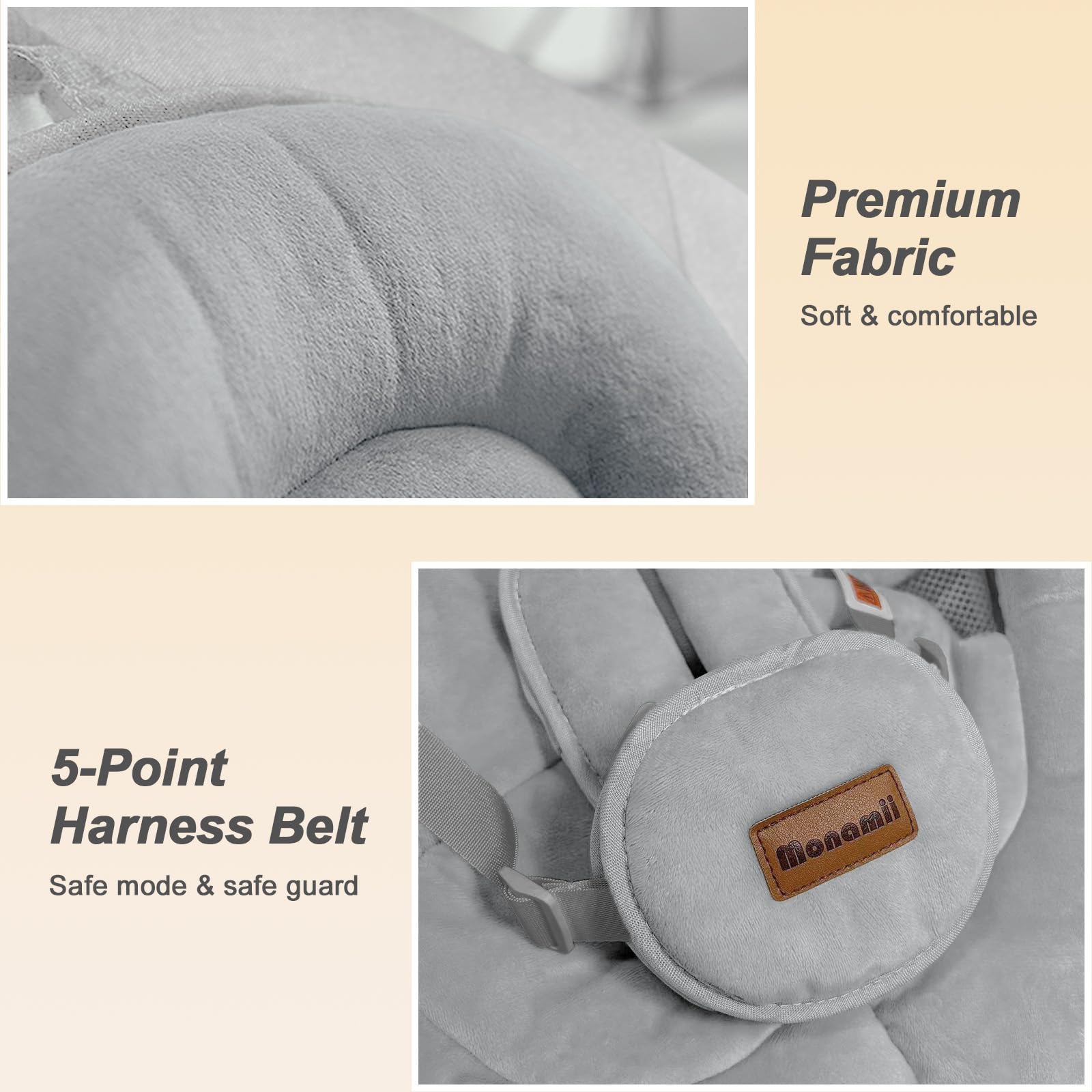 Closeup of baby swing for infants showcasing premium fabric and 5-point harness belt for safety and comfort.