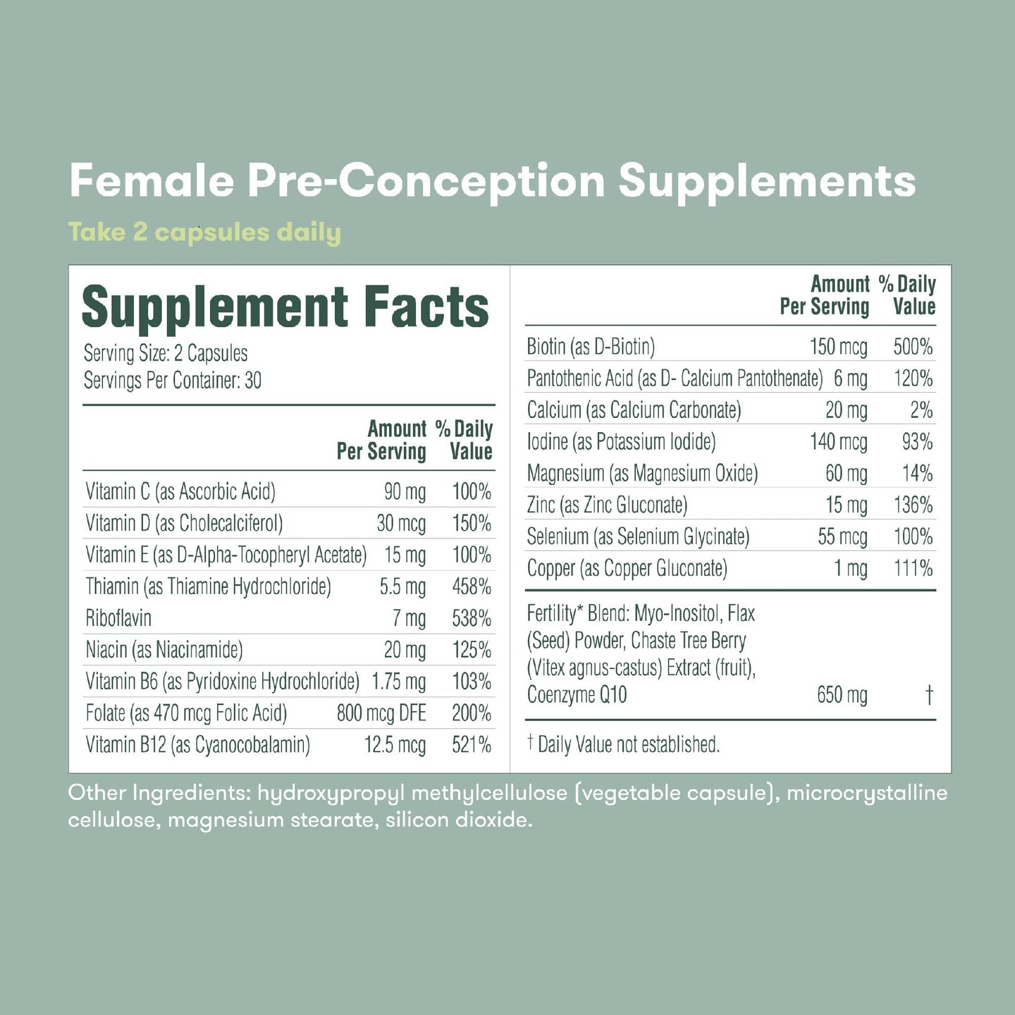 Supplement facts for Frida fertility supplements for women and men, highlighting key nutrients for pre-conception.