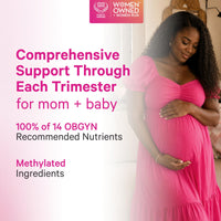 Pregnant woman in a pink dress holding her bump, for Pink Stork prenatal vitamins with 100% of 14 OB-GYN recommended nutrients