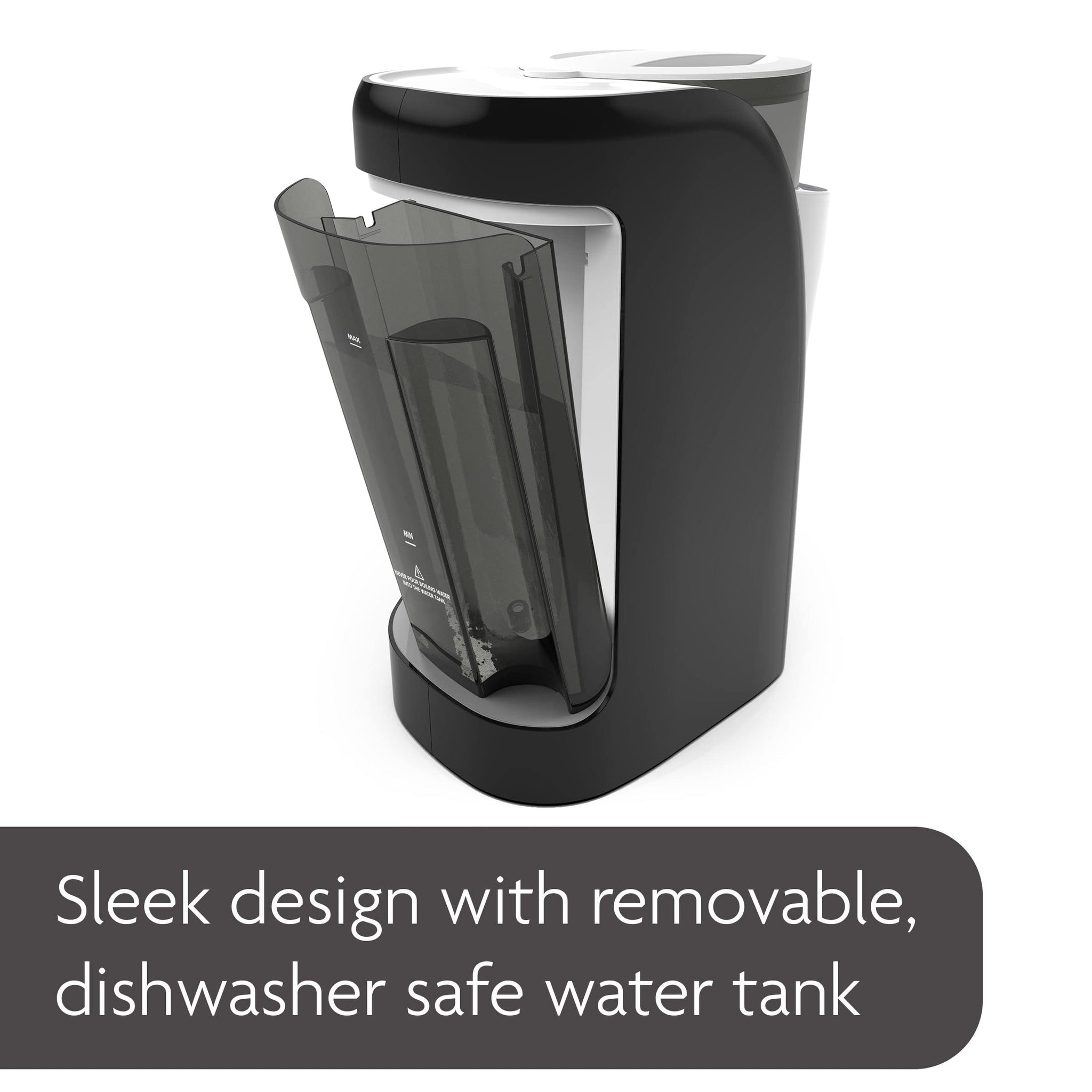 Automatic formula dispenser for newborns in sleek design with removable, dishwasher safe water tank.