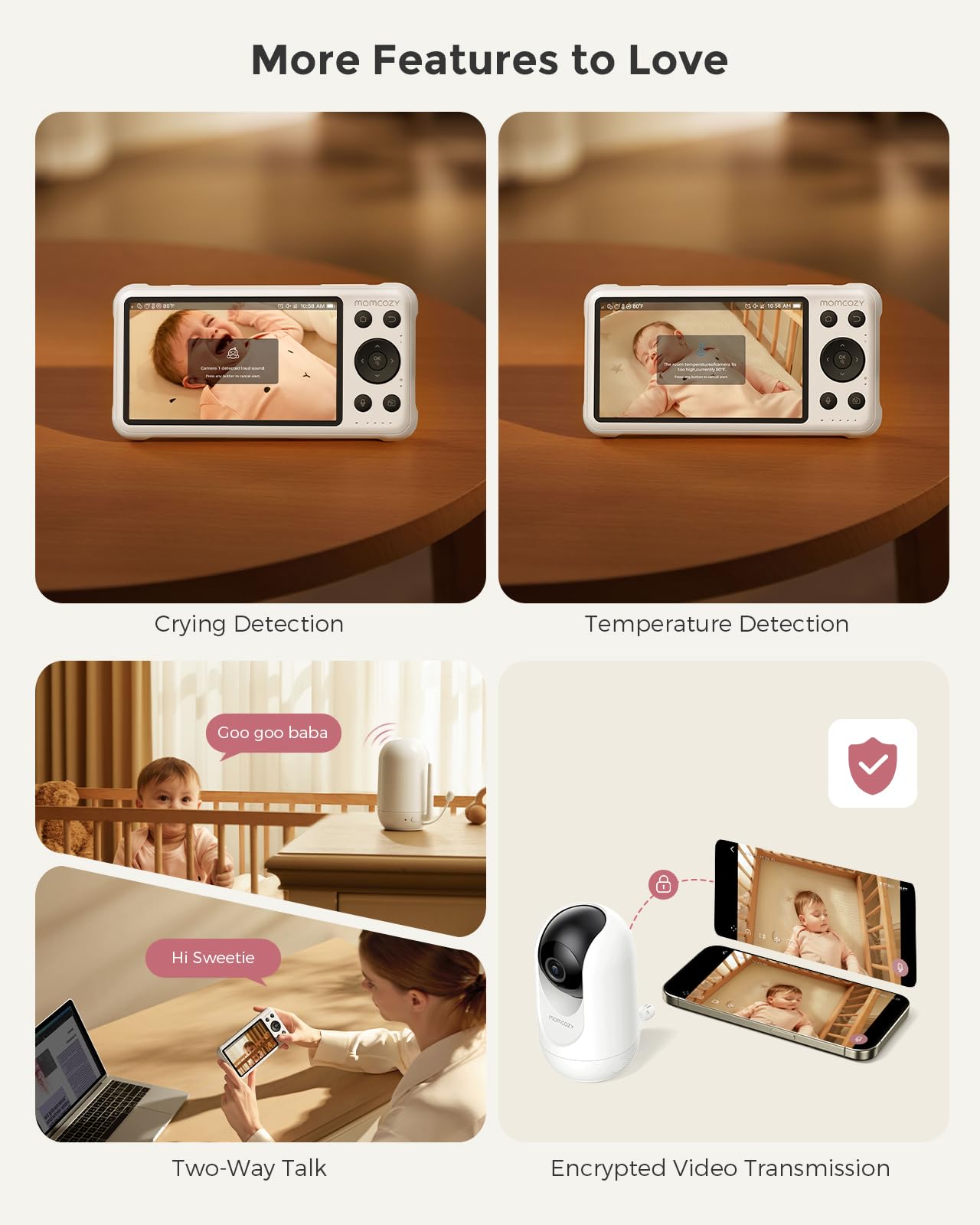 Image highlighting features of the Momcozy baby monitor with camera, including crying detection, temperature detection, and two-way talk.