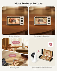 Image highlighting features of the Momcozy baby monitor with camera, including crying detection, temperature detection, and two-way talk.