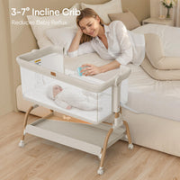Bedside bassinet with a 3-7 incline design, providing a safe sleep space for newborns and facilitating easy access for parents.