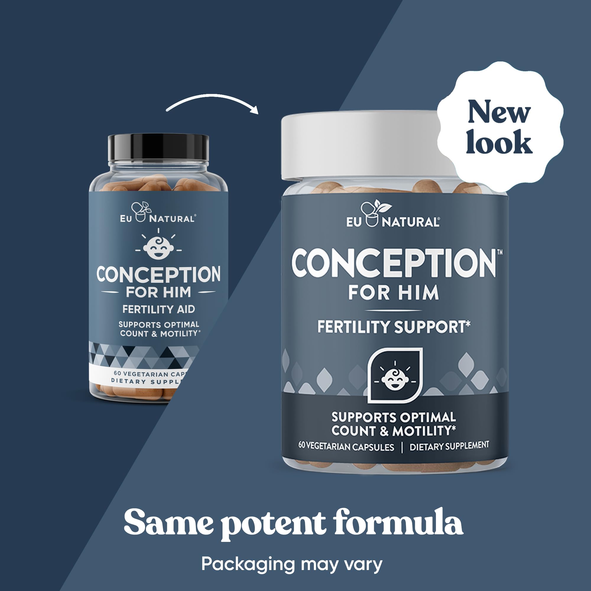 Old and new Conception for Him packaging side by side, showing the same formula in an updated bottle design