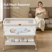 Bedside bassinet showing a sleeping baby, designed for visibility and easy access, perfect for nighttime parenting.