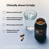 Stress relief supplements for women including Moon Juice SuperYou capsules with a glass of water.