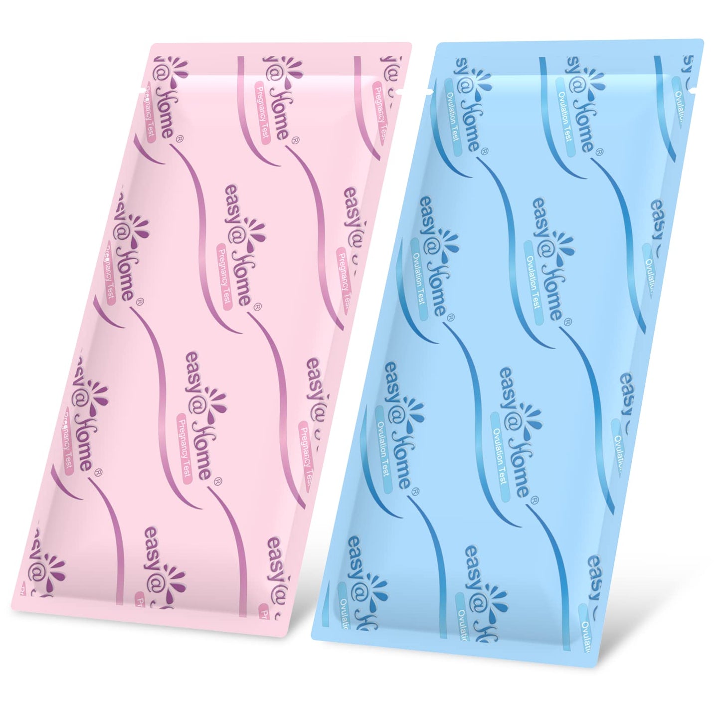 Ovulation and pregnancy test kit packaging by Easy@Home, featuring pink and blue test strip packets for home use.