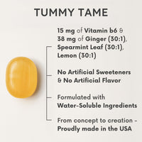 Ginger Drops for Pregnancy Nausea - Tummy Tame ingredient list with Vitamin B6, ginger, spearmint, and lemon.