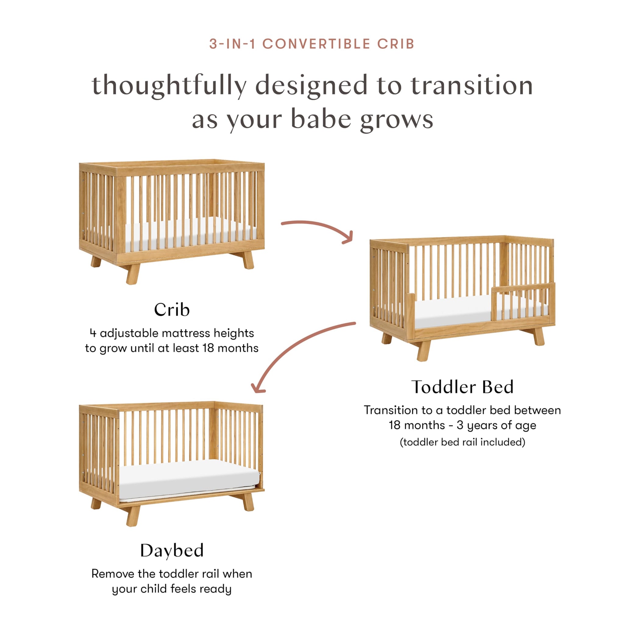 Babyletto Hudson 3-in-1 convertible crib illustration showing crib, toddler bed, and daybed configurations.