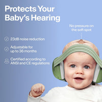 Baby wearing sage green Alpine Muffy Baby earmuffs, with callouts for 23 dB noise reduction, adjustable up to 36 months, and ANSI and CE certification