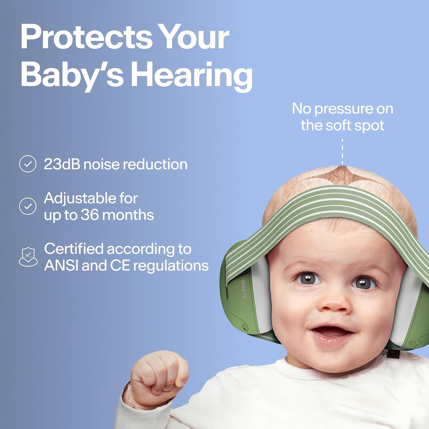 Baby wearing sage green Alpine Muffy Baby earmuffs, with callouts for 23 dB noise reduction, adjustable up to 36 months, and ANSI and CE certification