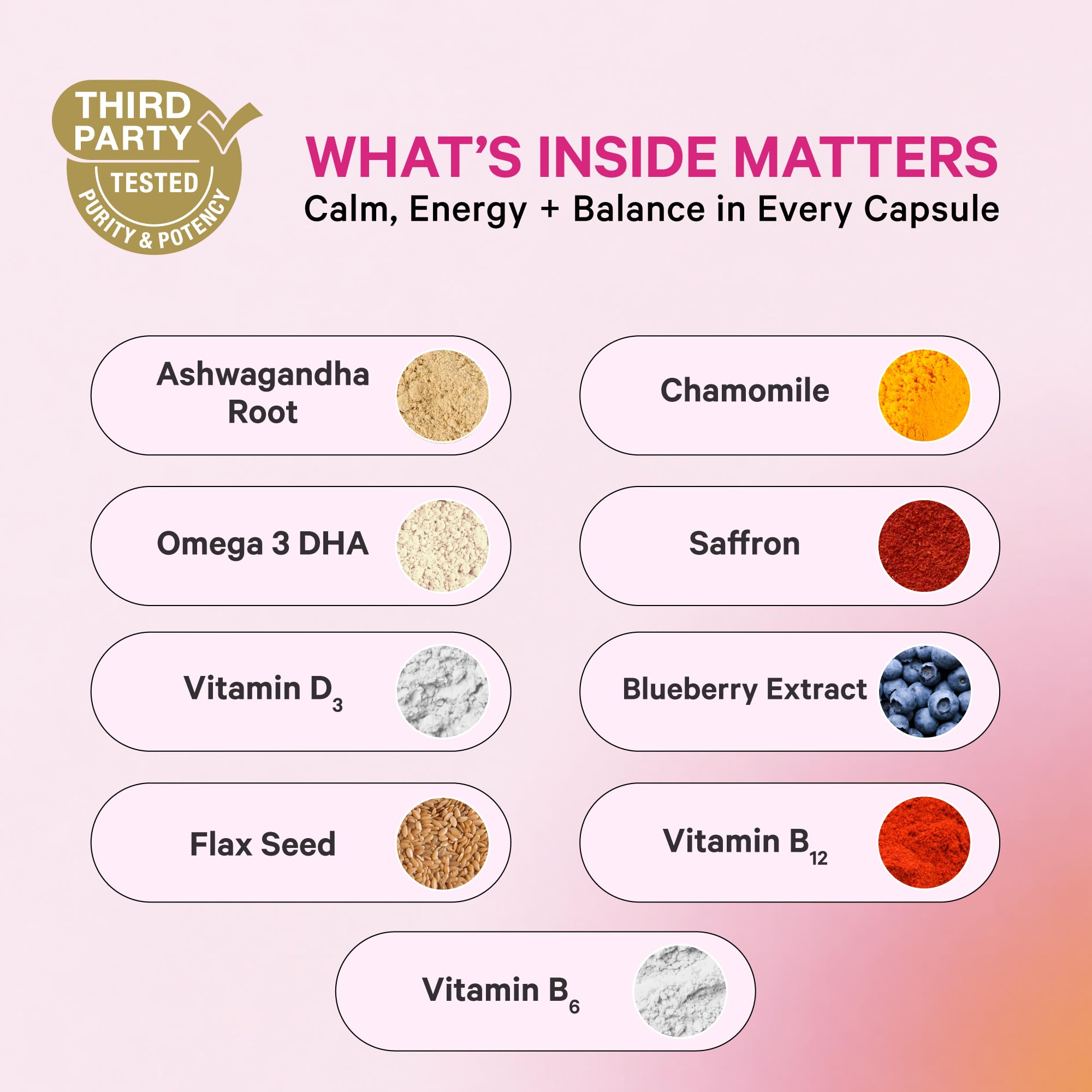 Cortisol support supplement for women ingredients including ashwagandha, chamomile, and omega 3 DHA.