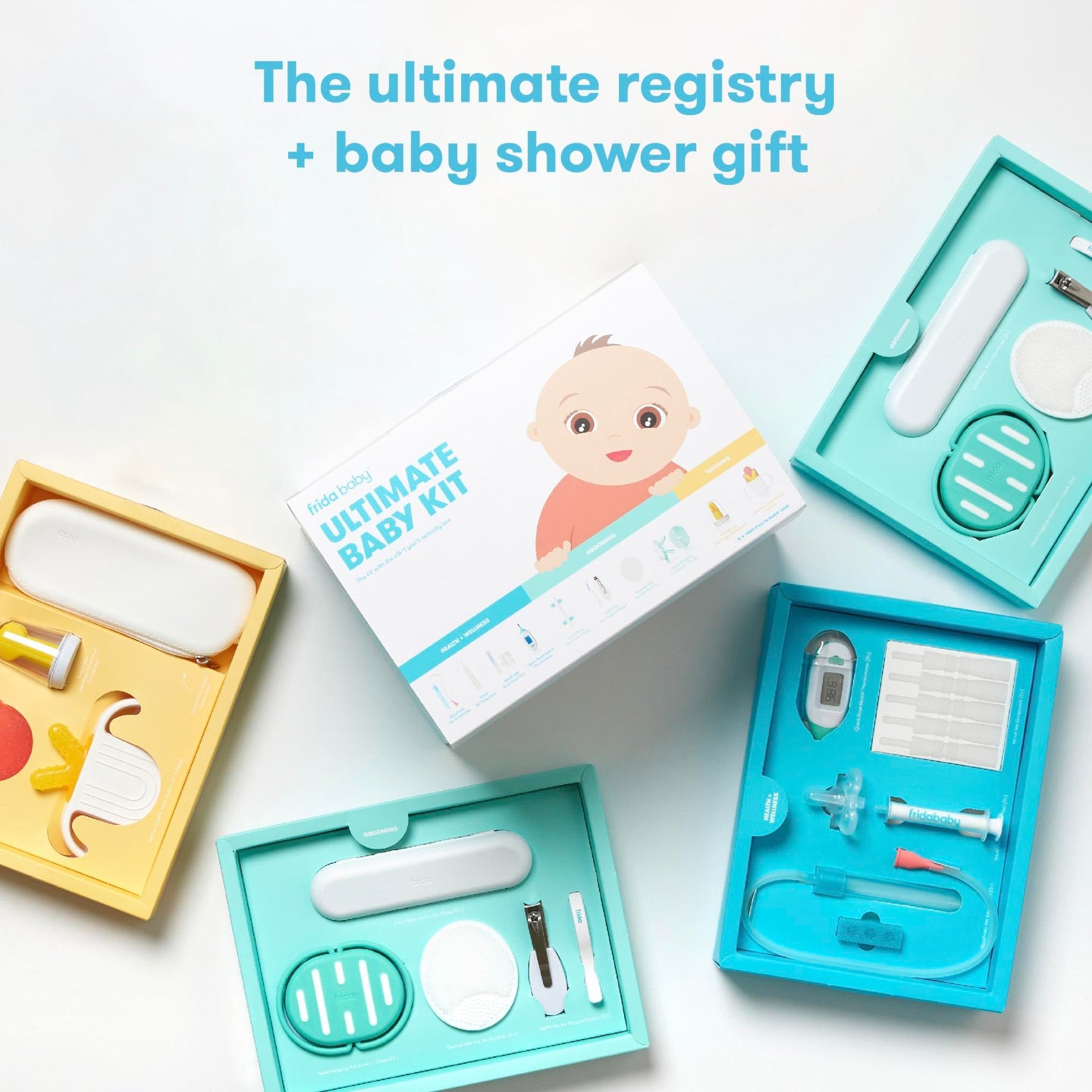 Baby grooming kit displayed with various tools, perfect for newborn care and as a baby shower gift.